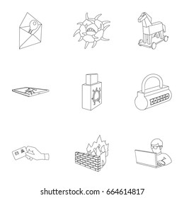 A selection of icons about protection and breaking. Modern technology of protection against breaking. Hackers and hacking icon in set collection on outline style vector symbol stock illustration.