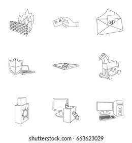 A selection of icons about protection. Modern technology of protection against break-ins. Hackers and hacking icon in set collection on outline style vector symbol stock illustration.