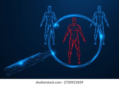 Selección y Identificación de un individuo en un sistema digital. La figura central de un hombre en la multitud bajo una lupa. El concepto de sistemas de reconocimiento. Diseño poligonal.
