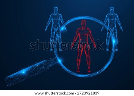 Selection and identification of an individual in a digital system. The central figure of a man in the crowd under a magnifying glass. The concept of recognition systems. Polygonal design.