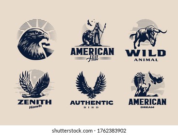 A selection of illustrations, emblems, badges on the American theme. Eagles, birds of prey, indigenous Indians, bull, bear.