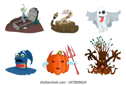 a selection of illustrations for Halloween an open tomb of pumpkins and monsters