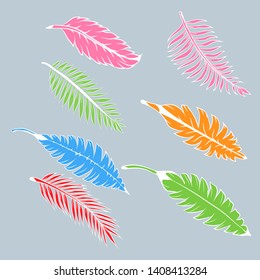 A selection of illustrations of tropical green, blue, red, and pink leaves on a gray background