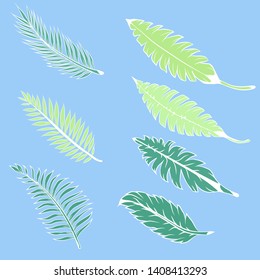 A selection of illustrations of tropical green leaves on a blue background