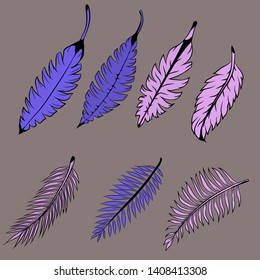 A selection of illustrations of tropical violet and pink leaves on a gray background