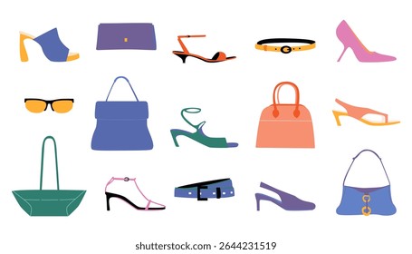 A selection of individual fashion items including shoes, bags, glasses and belts. All items are designed in a flat, cartoon style with vibrant colours.