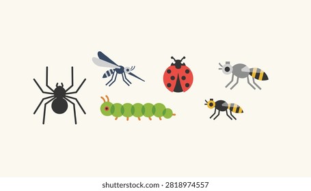Selection of insect icons in flat style including spider, mosquito, ladybug, ant, caterpillar, and wasp.