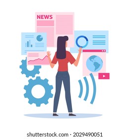 Selection of Internet resources. Woman choosing websites. Cartoon female searching web pages. Cute girl looking global news services and graphic analytic information. Vector concept