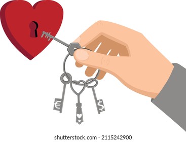 Selection of the key to the heart.
A man's hand holds a bunch of keys, one of which is trying to open the heart.
Vector design element, body part in flat style.