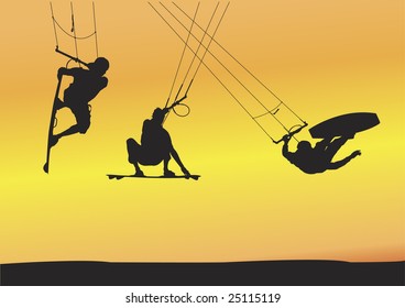 Selection of kite boarding Ariel jump silhouettes, individually grouped and fully editable illustrations with sunset background.