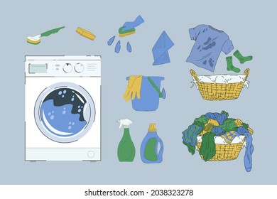 A selection for the Laundry room. Washing machine, Baskets with dirty laundry. Powders, brushes, sponges, buckets, gloves. Vector set for the design of laundry and cleaning service. Vector illustratio