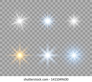 A selection of light transparent stars with radial rays. Flashes yellow, blue, white. Vector design elements on isolated background.