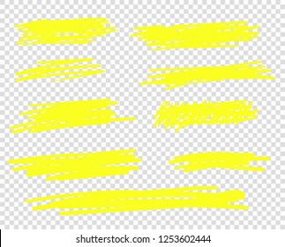 A selection of the line of stroke markers. Vector highlight brush lines. Hand drawing sketch underlined, stripes. Illustration isolated on a transparent background.