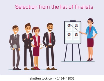 Selection List Finalists. Woman with Pointer and Smiling Staff. Search for Colleagues. Candidate for Position. Vector Illustration. Competitive Workplace. Recruitment Agency. Be Leader. Review Resume.