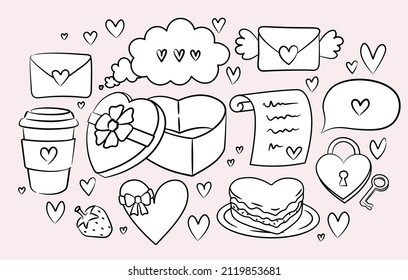 A selection of love items for valentine's day, hand drawn in doodle style.