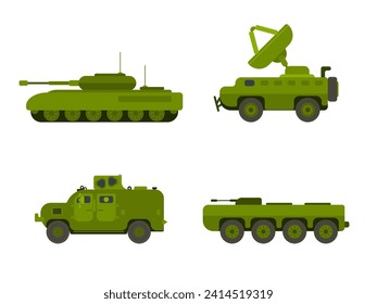 selection of military equipment heavy artillery army. stock vector image flat style