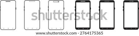 Selection of modern cellular phone mockups with transparent screens featuring various hardware details like front camera holes top speakers side buttons and bottom navigation controls available in thin black stroke and solid dark frames for presenting mobile app interface designs.