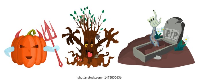 a selection of monsters pumpkin tree and an evil zombie from the grave
