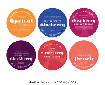 A selection of natural jam labels highlighting flavors such as apricot, blackberry, and peach. Each jam is made with organic ingredients and contains no artificial flavors.