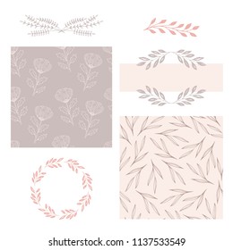 Selection of neutral colored patterns, wreath and dividers. Elegant hand drawn design. Vector isolated elements.