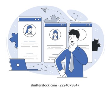 Selection of new employees. HR manager selects candidates for vacancy. Company expanding staff and recruiting employees and workers. Poster or banner for website. Cartoon flat vector illustration