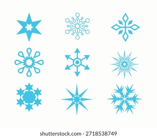 Selección de nueve diseños de copo de nieve azul con motivos de estrellas y círculos para la marca y decoraciones de invierno estacionales