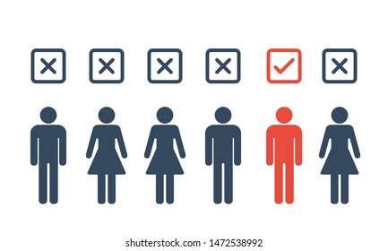 selection one male candidate from many, flat vector illustration