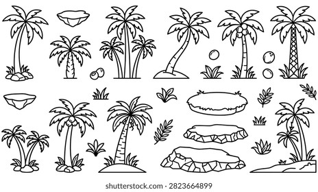 Selection of palm trees, coconuts, rocks and floating islands in tropical style. Summer vacation and island paradise outline icons for coloring book.