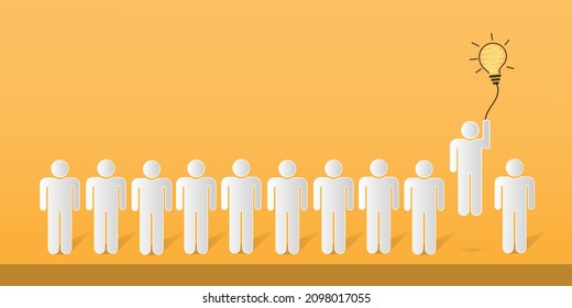 Selection of people based on smart ideas. Row of human icons and transparent light bulb balls with selected ones on yellow background. with copy space. illustration vector