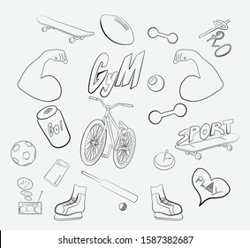 A selection of pictures on the theme of sports and physical education, on a white background