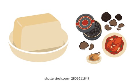 A selection of premium food items including butter, caviar, truffles, and a small appetizer.