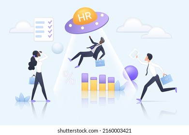 Selection process and success choice of best talent employee by professional team of HR managers. UFO spotlight and employers select businessman in suit 3d vector illustration. Recruitment concept