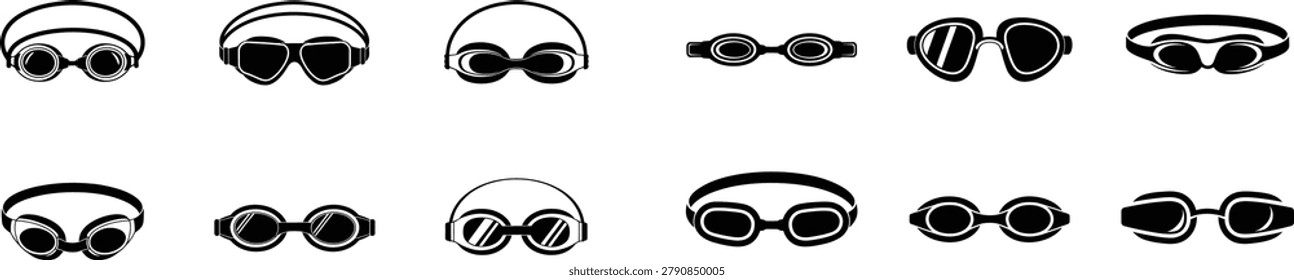 Selection of professional swimming goggle icons representing vision protection sports equipment eye wear for competitive swimming and pool activities in vector illustration format.
