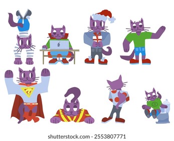 a selection of purple cats in different situations. stock vector graphics image