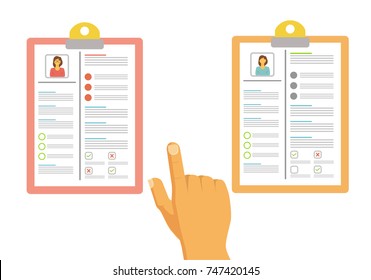 Selection or reading of the resume, selection of the candidate. Employee card. Modern cartoon vector illustration in a flat style isolated on white background. 