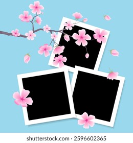 Selection of realistic photo frame mockups styled for scrapbook, featuring shadows and backdrop of cherry blossoms. Spring-themed vector illustration with sakura