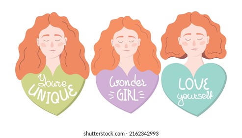 Una selección de chicas de cabello rojo. Autocuidado, icono del amor propio o concepto positivo del cuerpo. mujer feliz. Ilustración vectorial del Día Internacional de la Mujer.