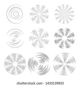 selection of round speed lines design of the fan rotation, or propeller of the aircraft. Overlay pattern. Silhouette of rotation of the drone, pinwheel. Vector objects on an isolated light background.