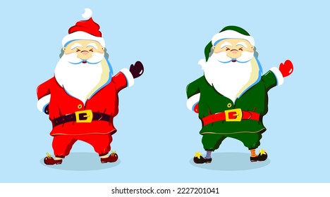 Una selección de Santa Cláusulas en trajes verdes y rojos con mano levantada para tus tarjetas y afiches de Navidad