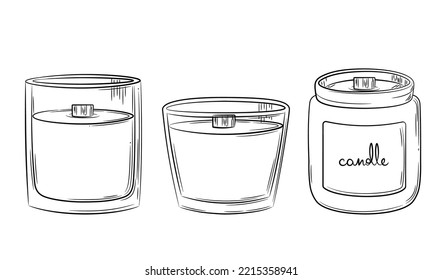 A selection of scented candles hand drawn in sketch style. Simple candles with wooden wicks in glass candlesticks. Isolated vector illustration.