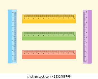 A selection of school colorful ruler, vector. Measuring scale. Flat design. Isolated light background. Eps.