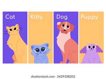 Selection screen on the website. Cat, kitten, dog or puppy. Pet store, animal shelter, choosing a fluffy friend. Vector flat illustration.