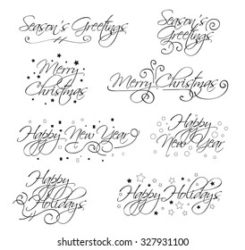 A selection of script holiday type with merry christmas, happy holidays, seasons greetings and happy new year