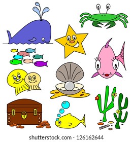 Selection of sea life clip art cartoons on a white background