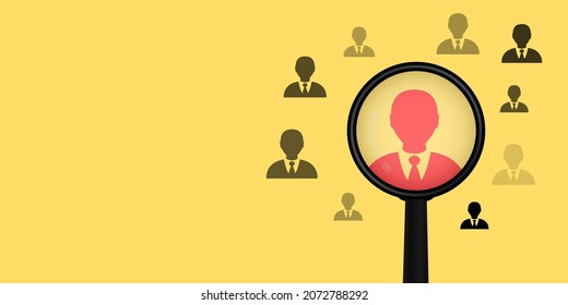 Selección y búsqueda de carrera. Gestión de Recursos Humanos. Cristal de aumento e icono humano sobre fondo amarillo con espacio de copia. ilustración vectorial