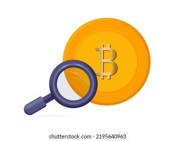 Selection and search of cryptocurrency bitcoin 3d. Profitable investment. viewing through a magnifying glass. Bitcoin vector icon, risks, finance success, stock investment, modern source of income.