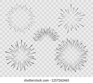 A selection of silhouette of the explosion, fireworks of simple lines. Vector illustration on isolated white background.