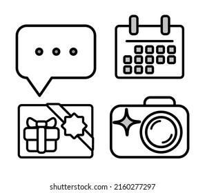 Una selección de iconos simples diálogo, comentario, cámara, calendario, certificado de regalo. Borde negro. Ilustración vectorial.