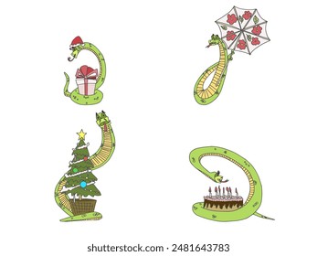 a selection of snake characters in different situations, funny and bright. vector stock image