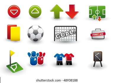 Selection of soccer related icons showing up and down arrows, substitute/ exchange, red card and yellow card, soccer ball, Goal, medical kit, corner, fans, supporters, teams and a tactics board